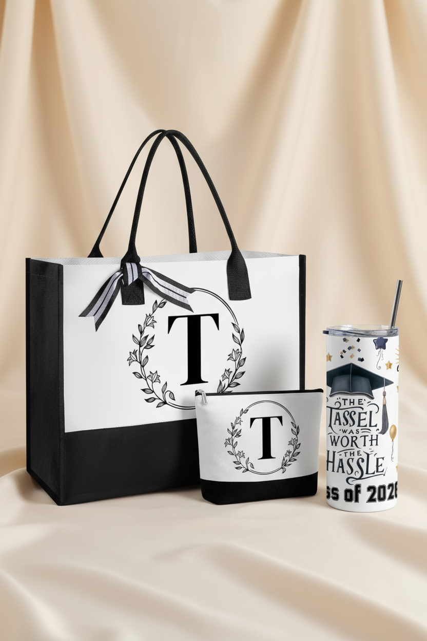 Graduation Gift Set | Monogram Tote Bag, Makeup Pouch & 20oz Tumbler